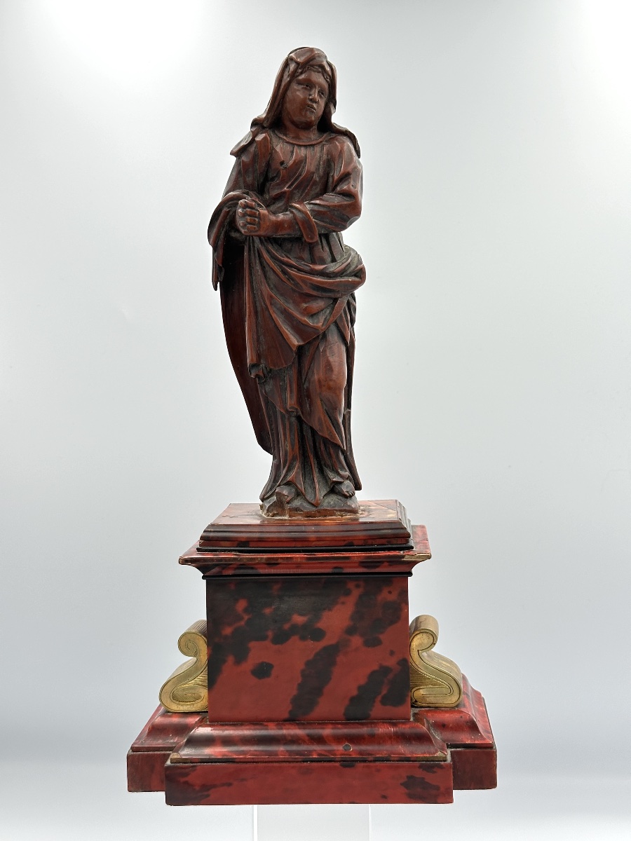 Statuette portrait vierge de douleur bois fruitier sculpté louis XIV  écaille socle 17e-photo-3