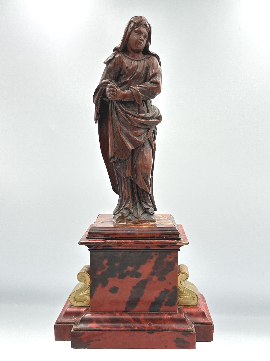 Statuette portrait vierge de douleur bois fruitier sculpté louis XIV  écaille socle 17e