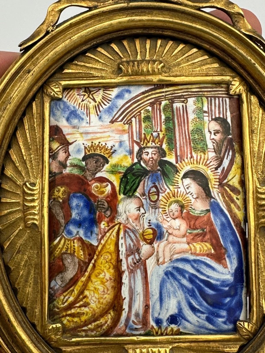 Émail religieux XVIIe Adoration des Mages cadre bronze doré Suisse Italie -photo-3