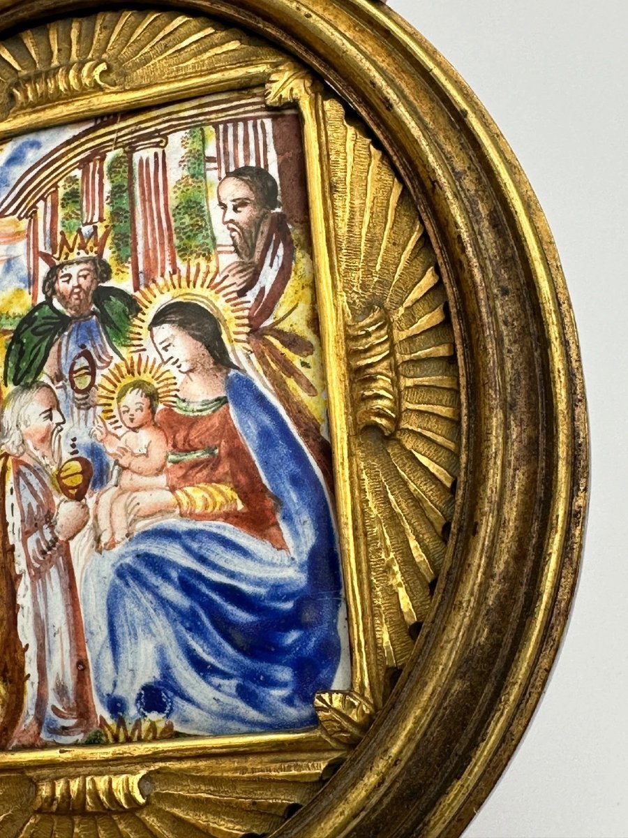 Émail religieux XVIIe Adoration des Mages cadre bronze doré Suisse Italie -photo-4