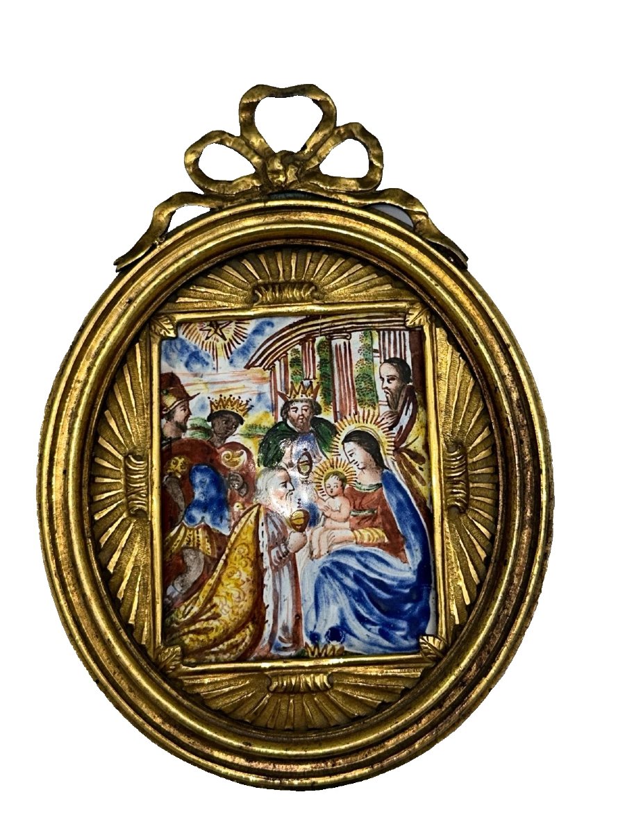 Émail religieux XVIIe Adoration des Mages cadre bronze doré Suisse Italie -photo-2