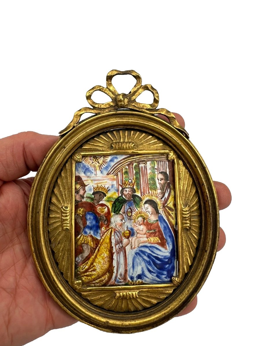 Émail religieux XVIIe Adoration des Mages cadre bronze doré Suisse Italie -photo-3