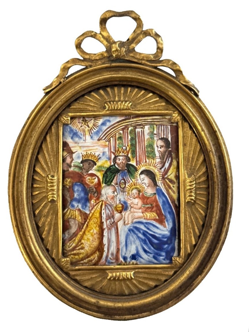 Émail religieux XVIIe Adoration des Mages cadre bronze doré Suisse Italie 