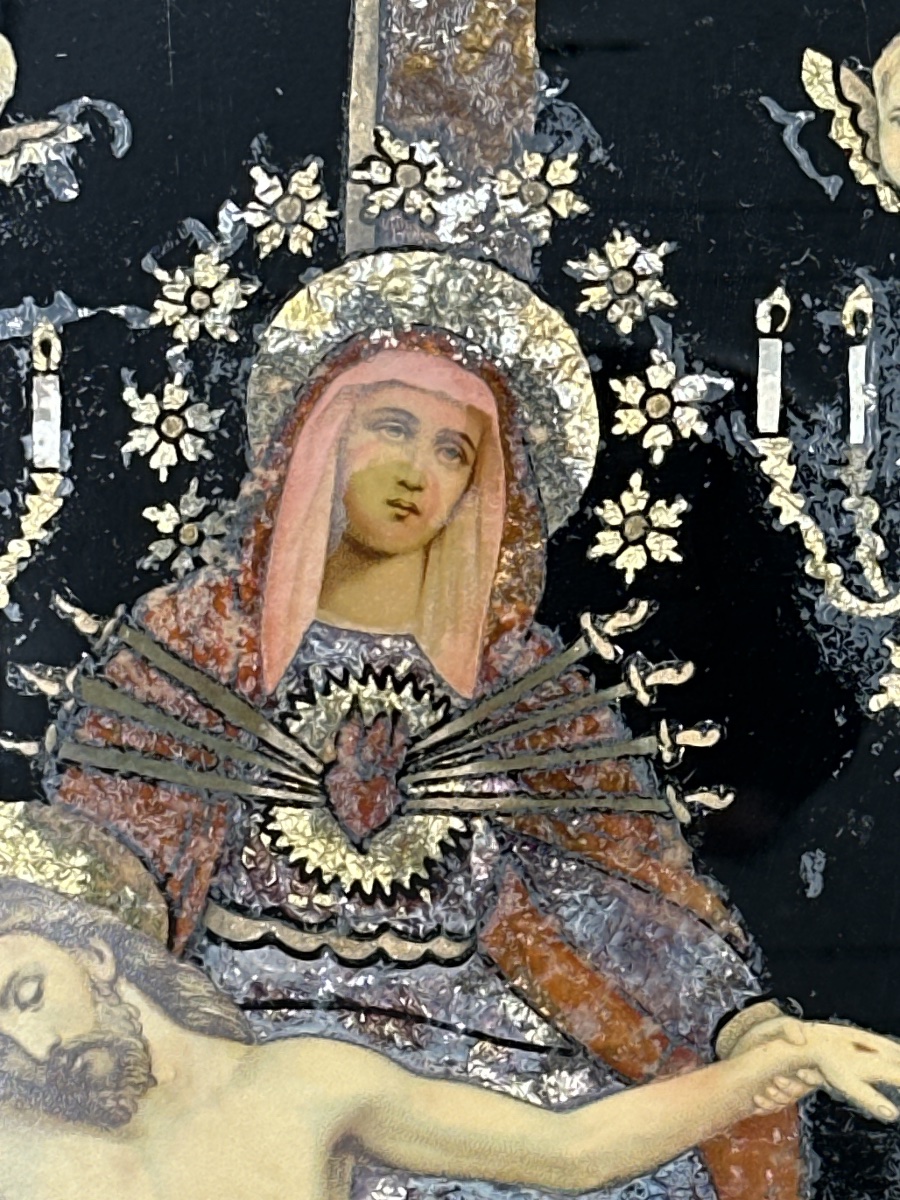 Grand tableau  fixé  sous verre religieux portrait Maria Dolores art populaire Espagne-photo-2