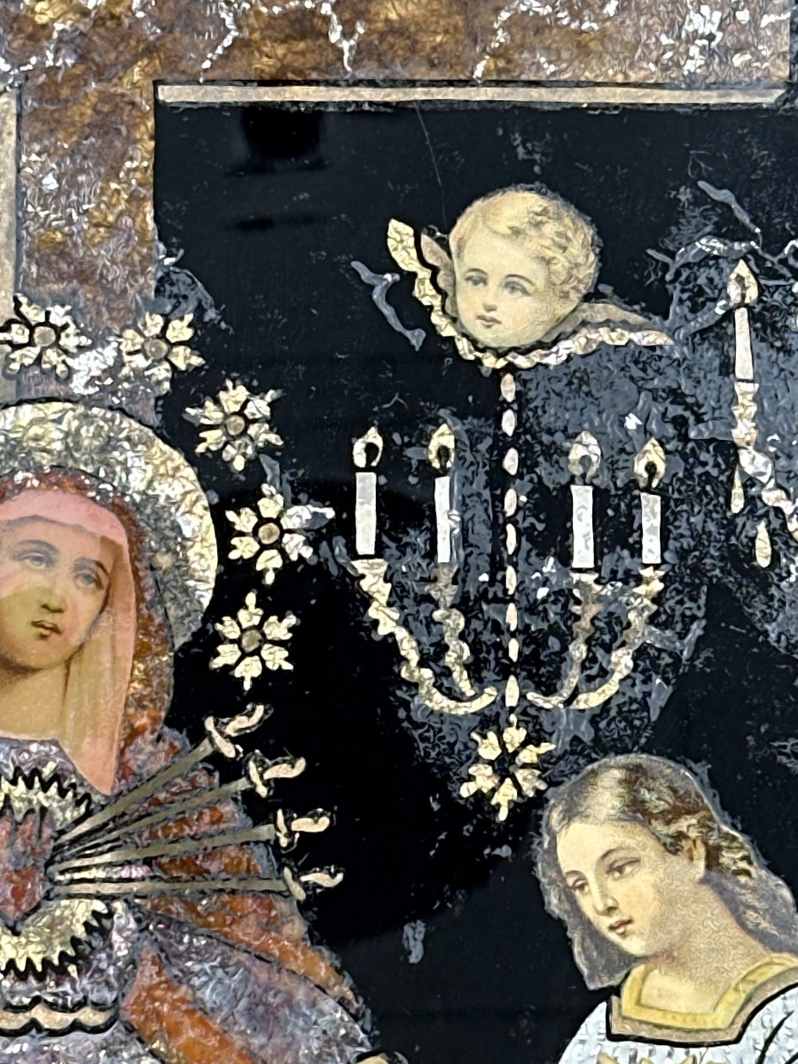 Grand tableau  fixé  sous verre religieux portrait Maria Dolores art populaire Espagne-photo-3