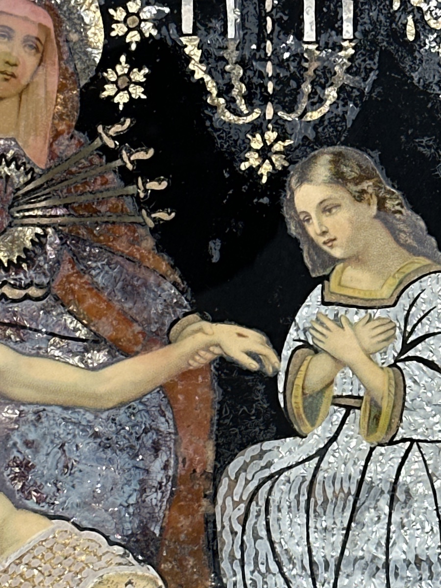 Grand tableau  fixé  sous verre religieux portrait Maria Dolores art populaire Espagne-photo-1