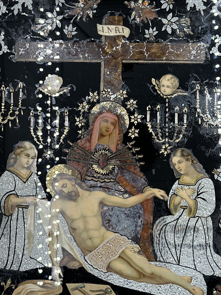 Grand tableau  fixé  sous verre religieux portrait Maria Dolores art populaire Espagne-photo-3