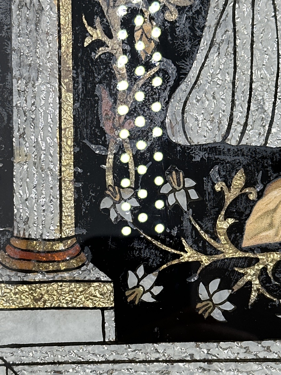 Grand tableau  fixé  sous verre religieux portrait Maria Dolores art populaire Espagne-photo-4