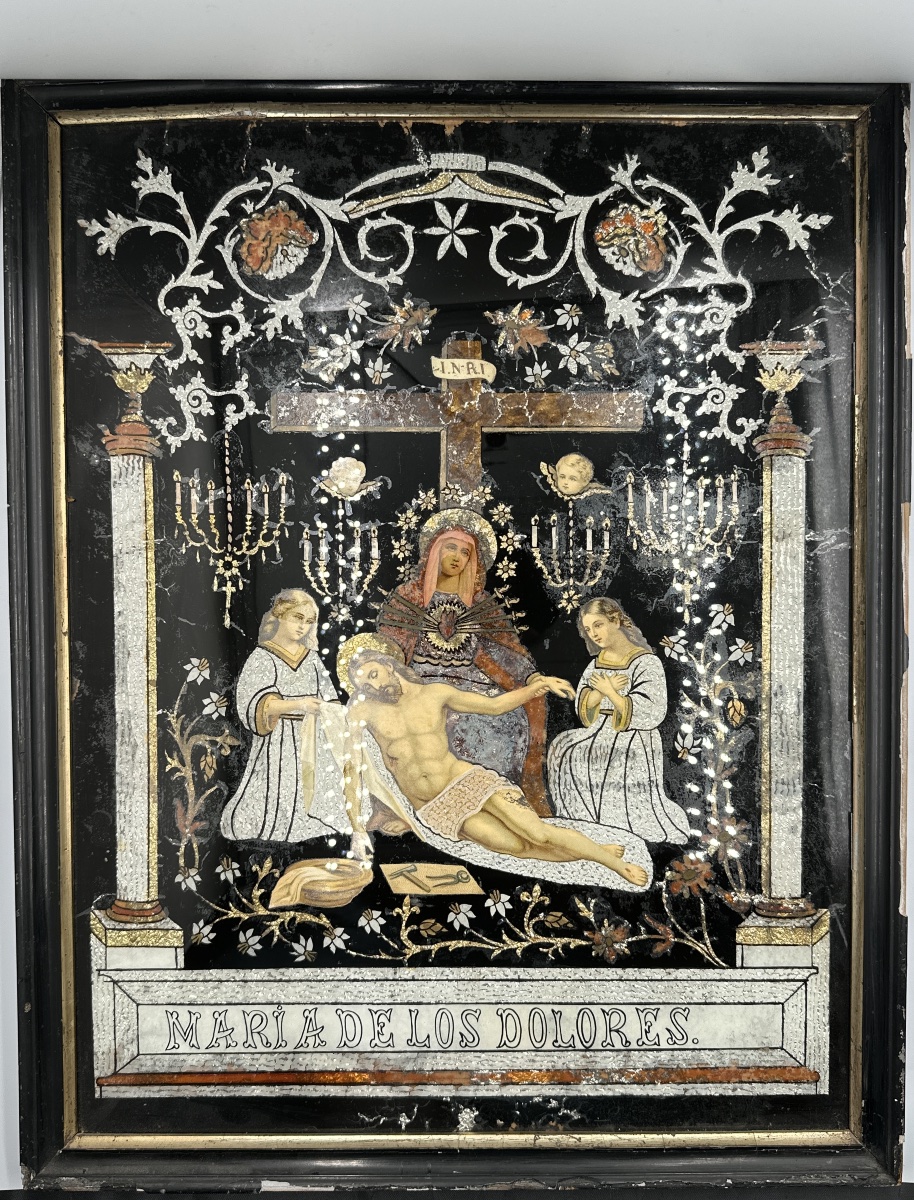 Grand tableau  fixé  sous verre religieux portrait Maria Dolores art populaire Espagne-photo-7