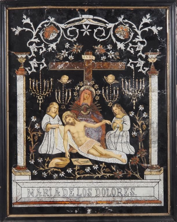 Grand tableau  fixé  sous verre religieux portrait Maria Dolores art populaire Espagne