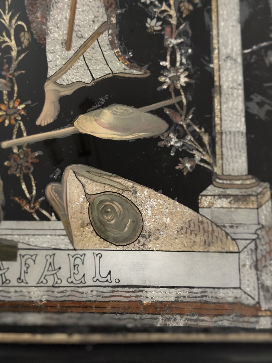 Grand tableau fixé sous verre religieux portrait Saint Raphaël  Ange Tobie art populaire 55cm-photo-3