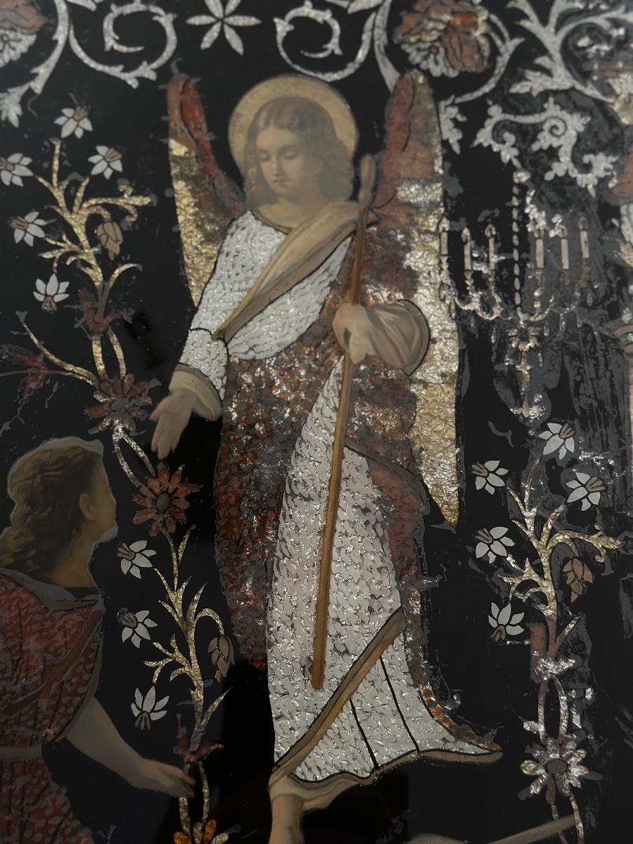 Grand tableau fixé sous verre religieux portrait Saint Raphaël  Ange Tobie art populaire 55cm-photo-4
