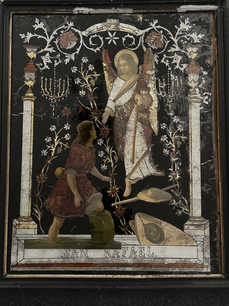 Grand tableau fixé sous verre religieux portrait Saint Raphaël  Ange Tobie art populaire 55cm-photo-4