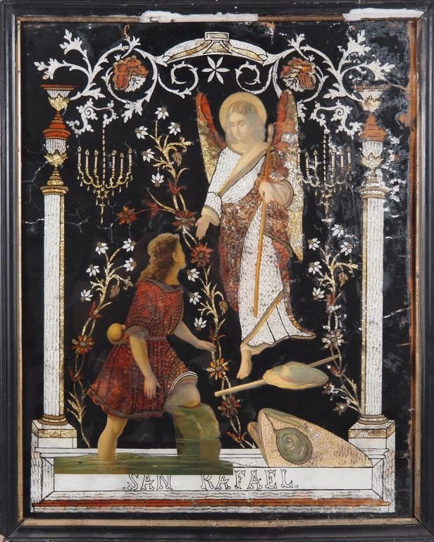 Grand tableau fixé sous verre religieux portrait Saint Raphaël  Ange Tobie art populaire 55cm
