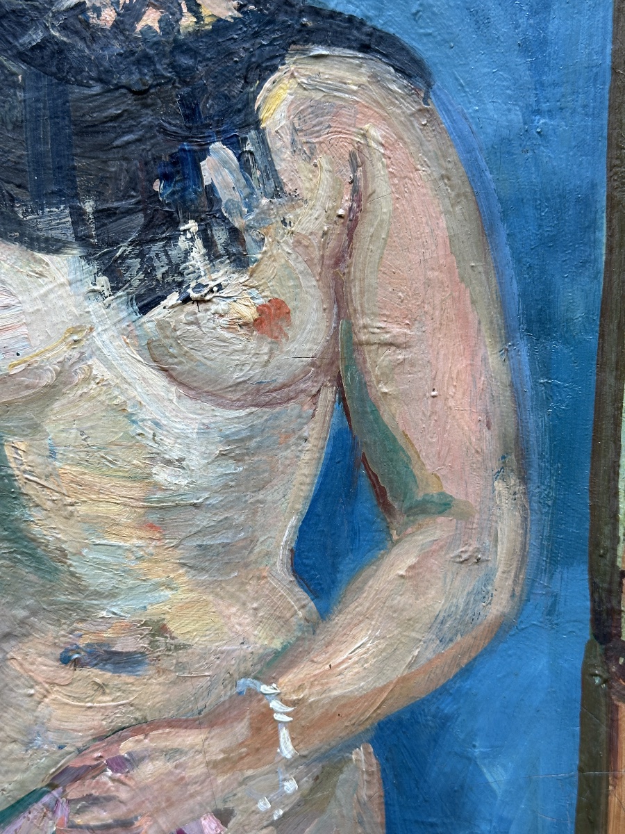 André Planson  Grand Tableau portrait de femme dans l'atelier Le Modèle nue  art déco fauve -photo-3