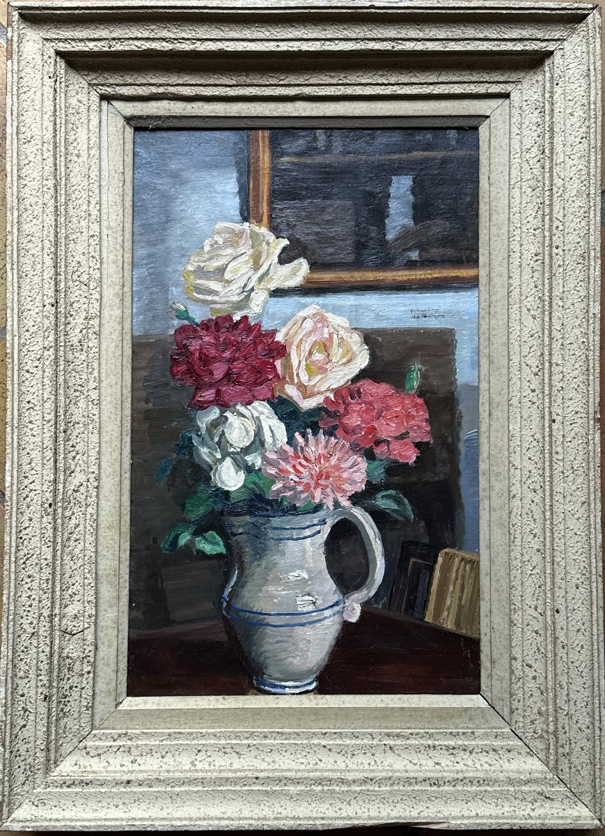 Marius de Buzon Tableau Orientaliste  bouquet de fleur Miroir salon Alger intérieur 1930-photo-2