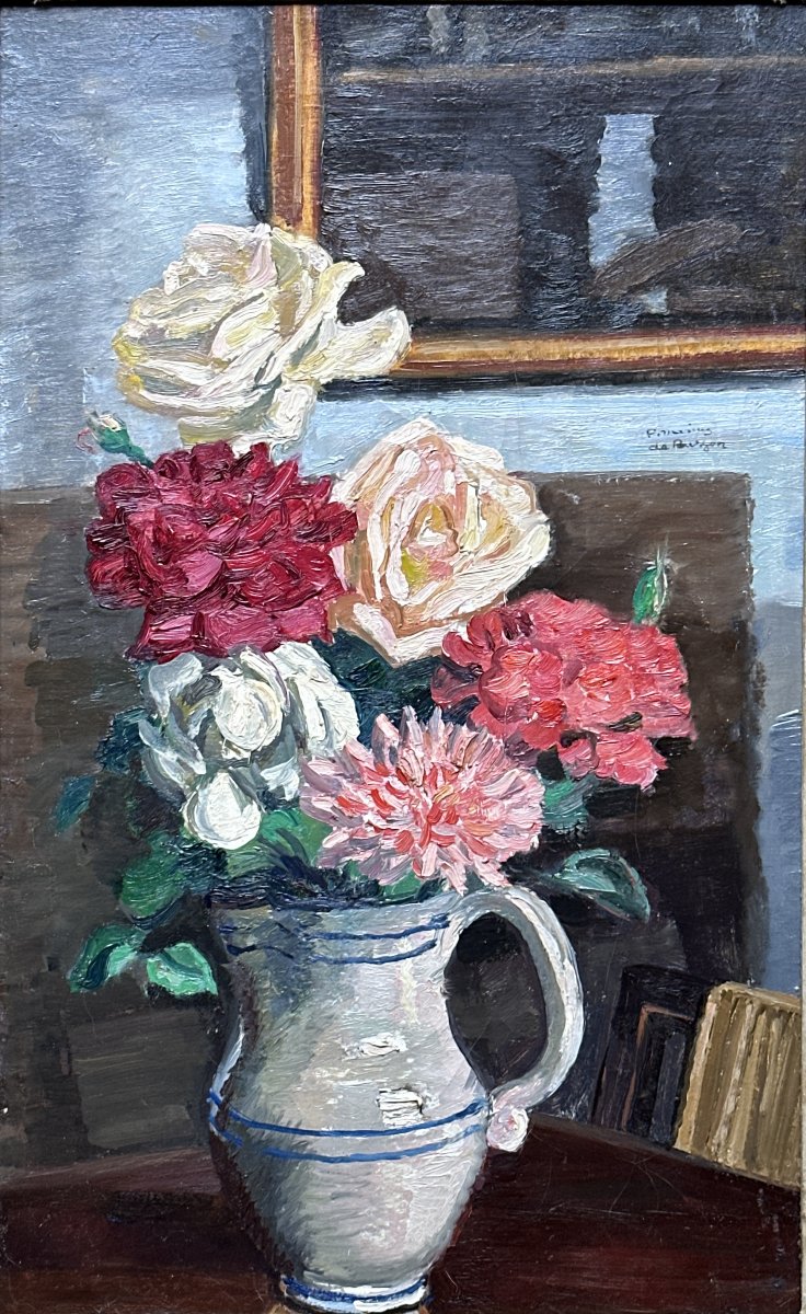 Marius de Buzon Tableau Orientaliste  bouquet de fleur Miroir salon Alger intérieur 1930