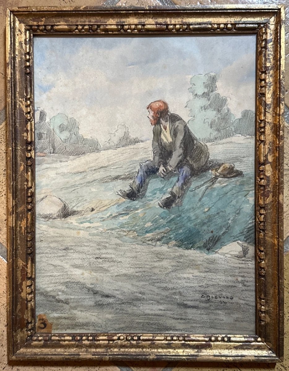 Auguste Lucien Bognard, Original Art Nouveau Drawing: Portrait Of A Vagabond, Path, Landscape -photo-2