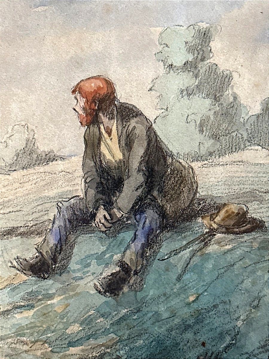 Auguste Lucien Bognard, Original Art Nouveau Drawing: Portrait Of A Vagabond, Path, Landscape 