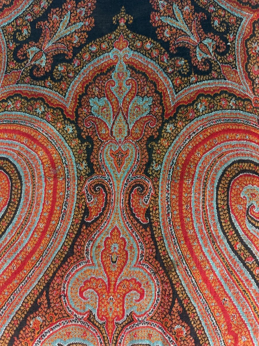 Grand châle en cachemire du 19e. Lyon Paris jacquard textile  carré 180 cm décor textile tissu-photo-2