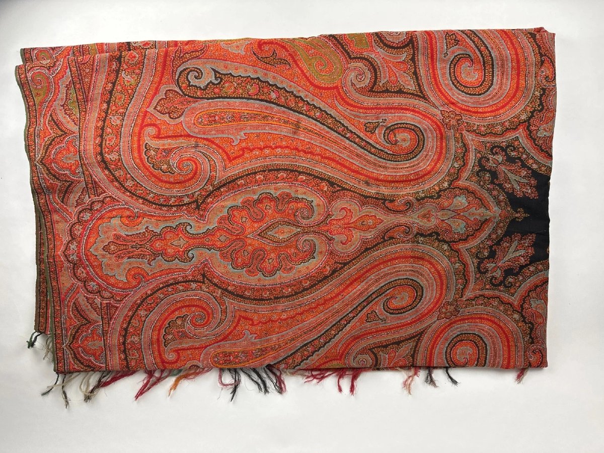 Grand châle en cachemire du 19e. Lyon Paris jacquard textile  carré 180 cm décor textile tissu-photo-3