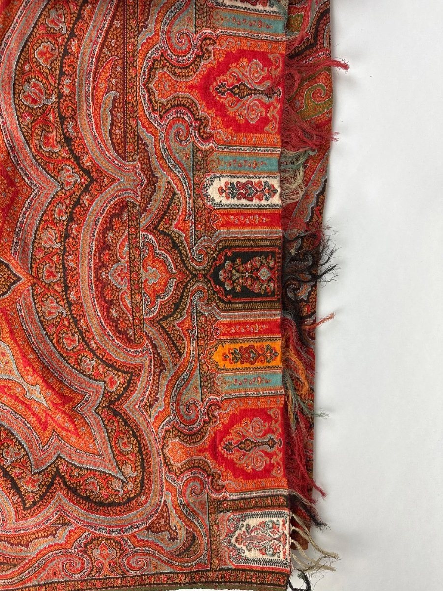Grand châle en cachemire du 19e. Lyon Paris jacquard textile  carré 180 cm décor textile tissu-photo-4