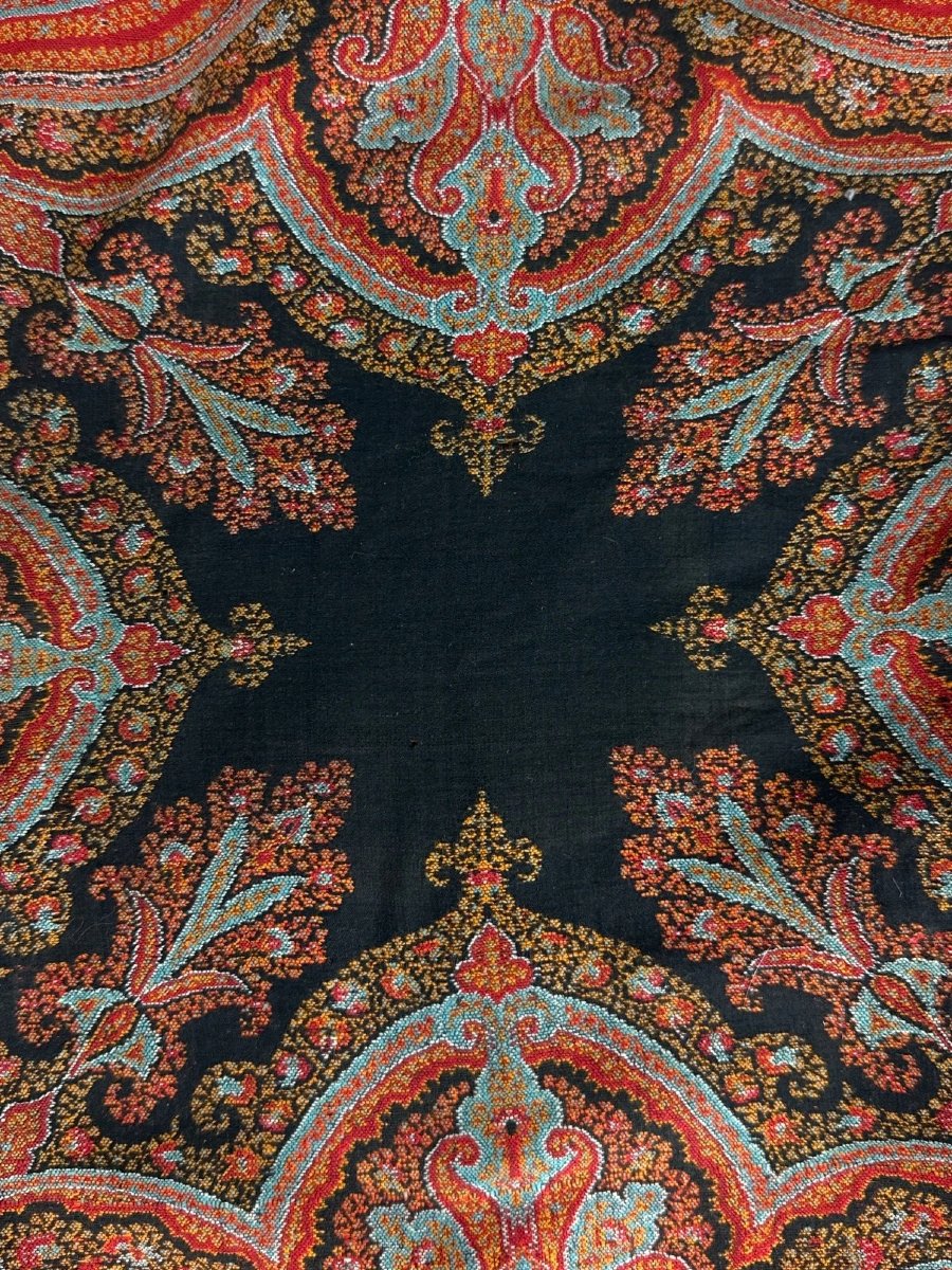 Grand châle en cachemire du 19e. Lyon Paris jacquard textile  carré 180 cm décor textile tissu-photo-2