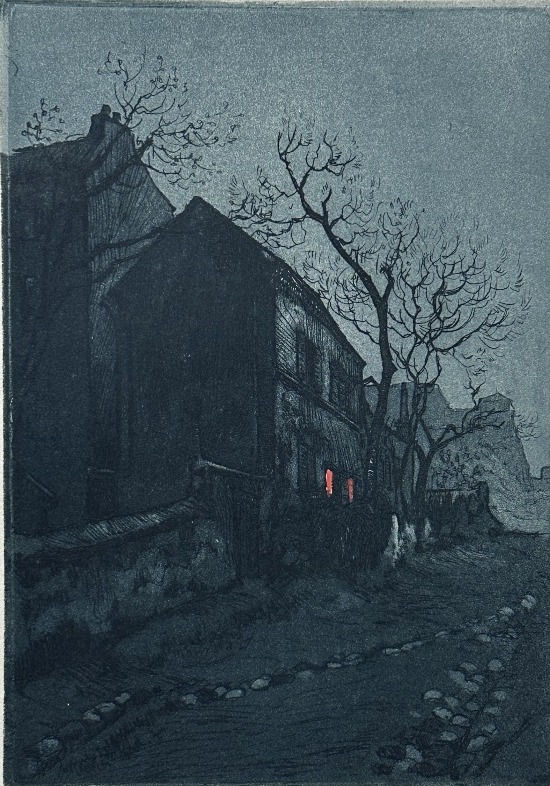 Gen Paul Paris Montmartre paysage cabaret Le Lapin Agile la nuit Bleue gravure 
