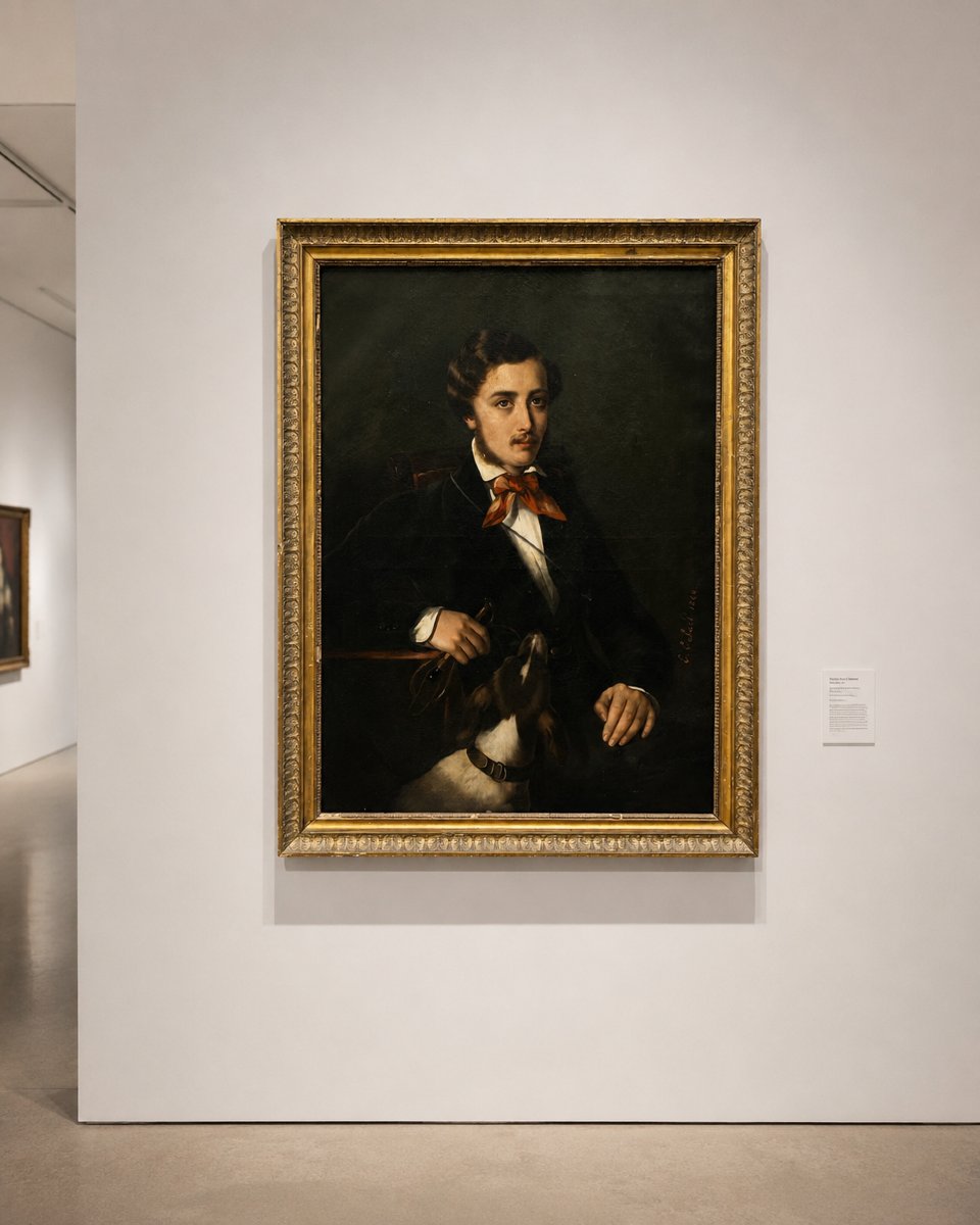 Ernestine Cabart, Portrait Of A Young Dandy And His Dog, Romantic School, 1848 -photo-2