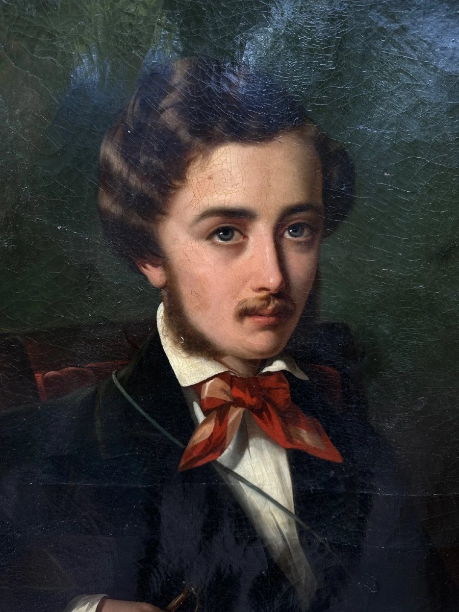 Ernestine Cabart, Portrait Of A Young Dandy And His Dog, Romantic School, 1848 -photo-3
