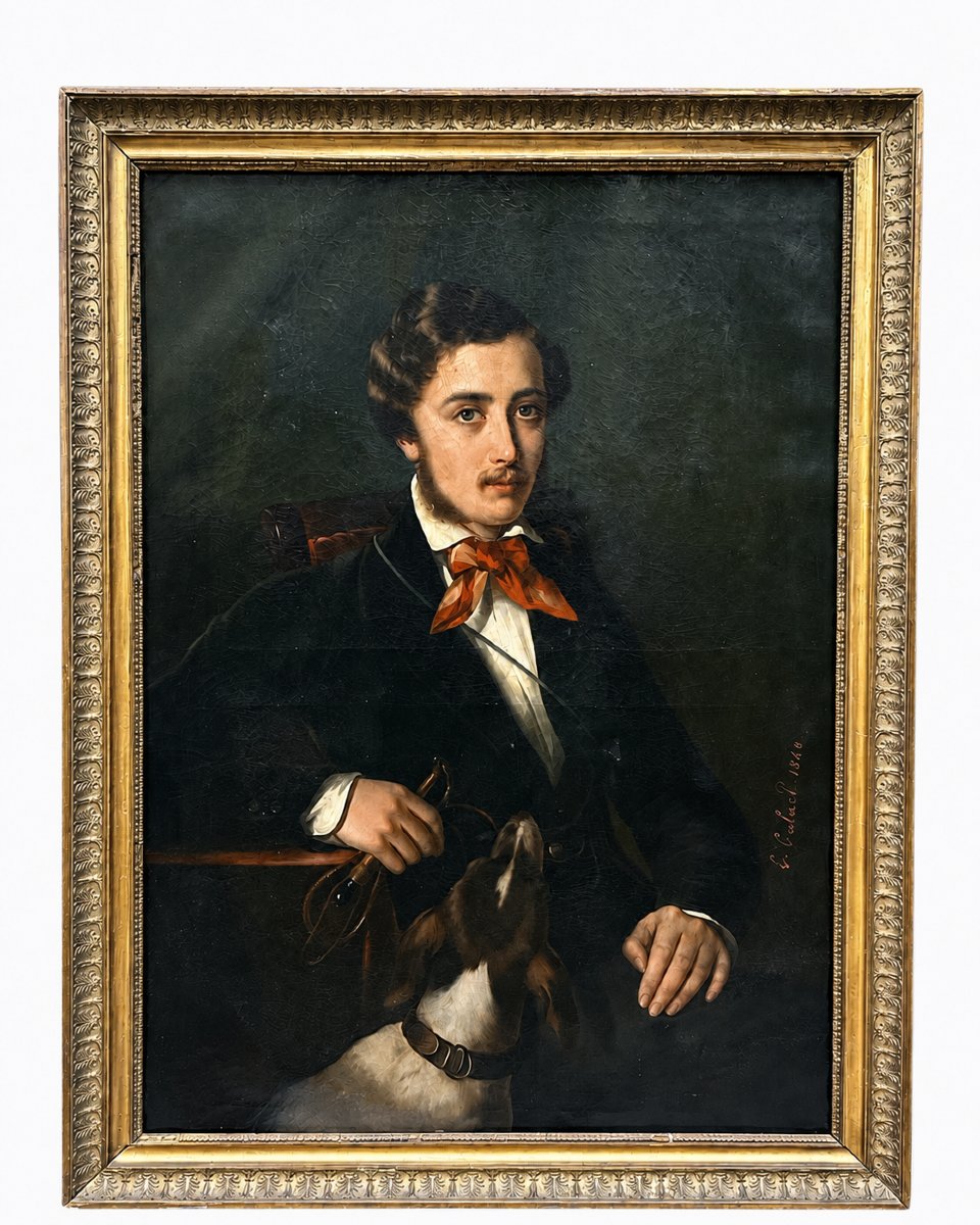 Ernestine Cabart, Portrait Of A Young Dandy And His Dog, Romantic School, 1848 