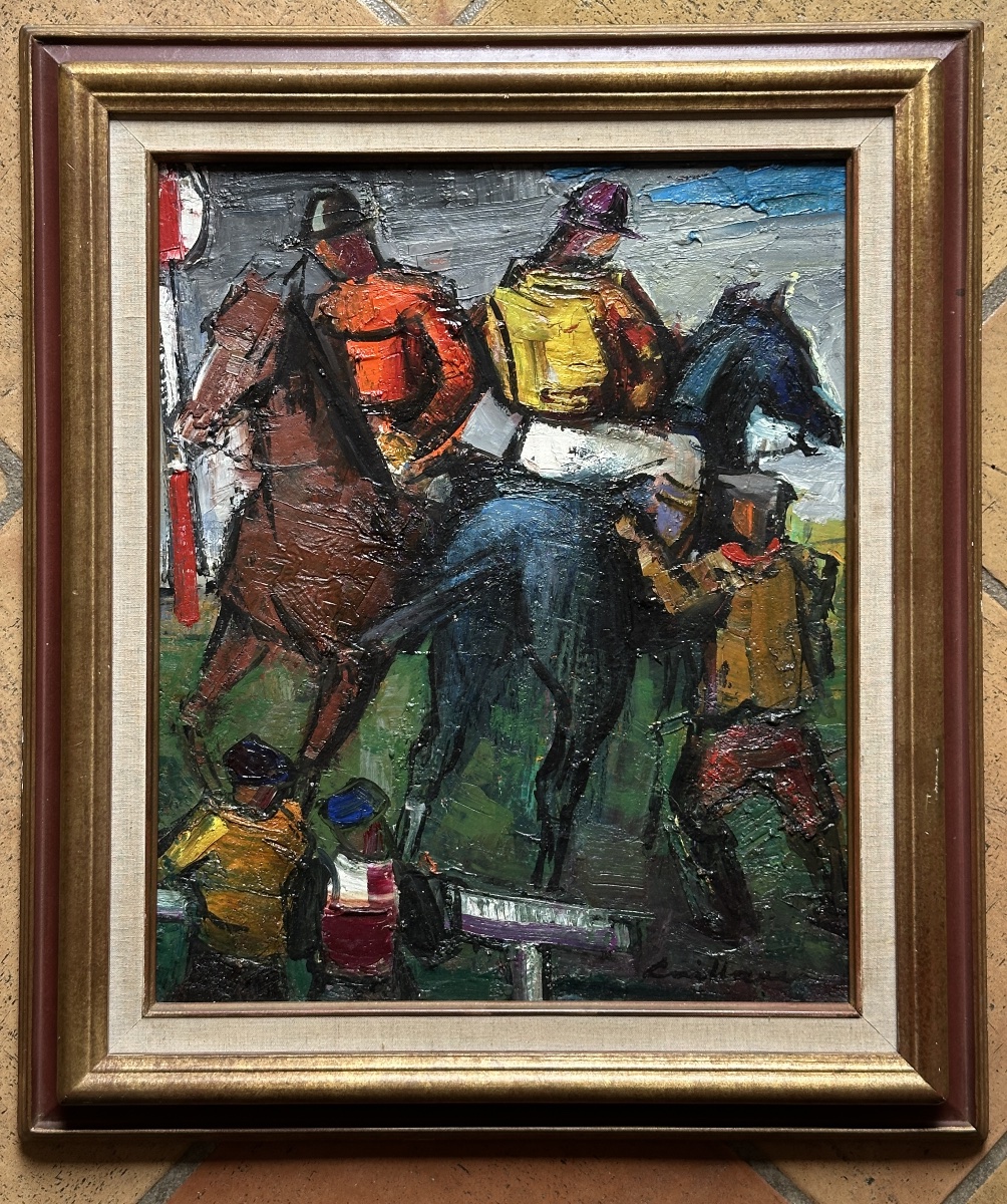Rodolphe Caillaux Tableaux moderne course hippique chevaux jockeys paddock lad école de Paris -photo-7