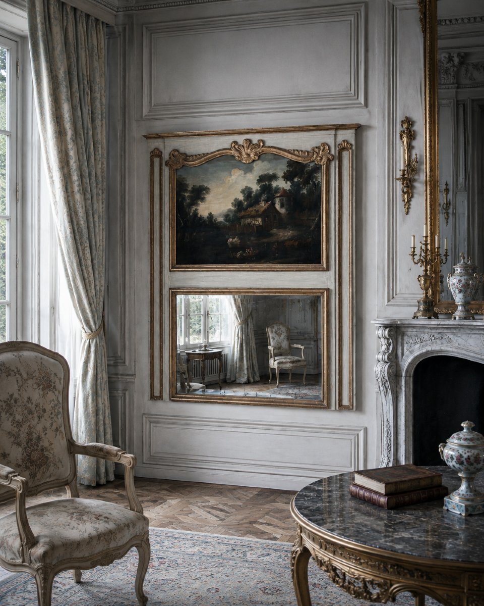 Grand  Miroir trumeau de boiserie d’époque Louis XV paysage lacustre  miroir 190cm Chateau-photo-2