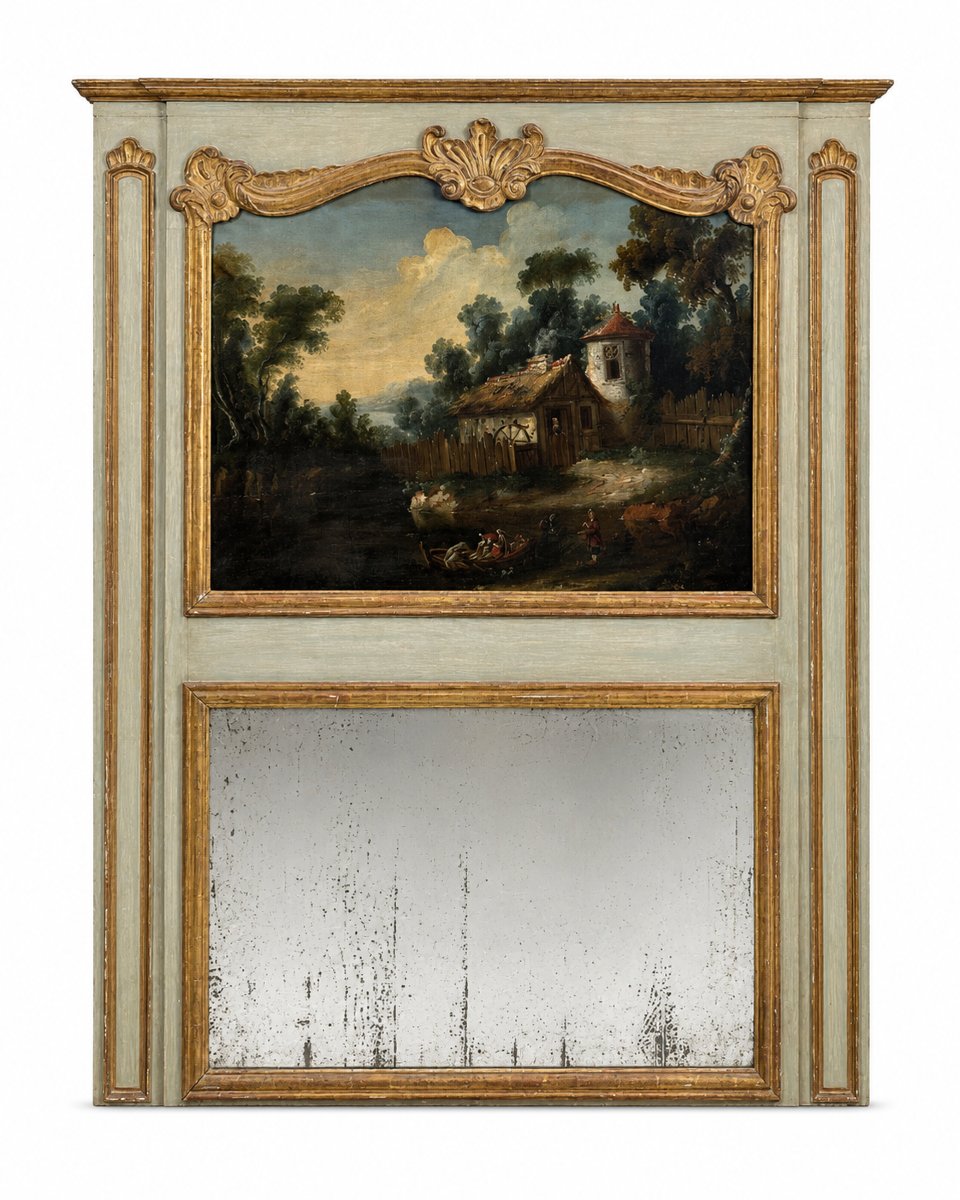 Grand  Miroir trumeau de boiserie d’époque Louis XV paysage lacustre  miroir 190cm Chateau-photo-3
