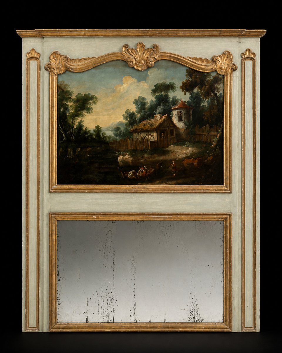 Grand  Miroir trumeau de boiserie d’époque Louis XV paysage lacustre  miroir 190cm Chateau
