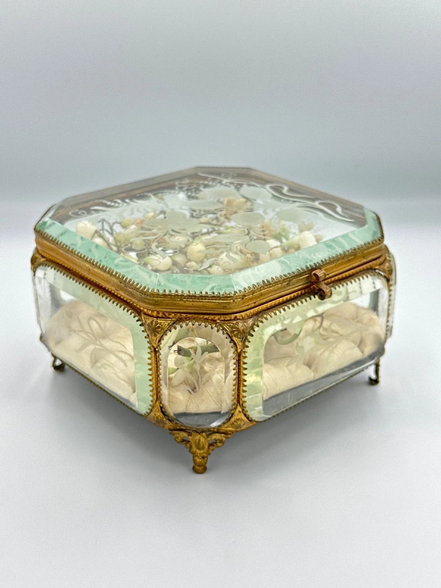 Coffre de mariage Napoléon III verre gravé métal doré couronne de mariée Boite XIXe  coffret -photo-3