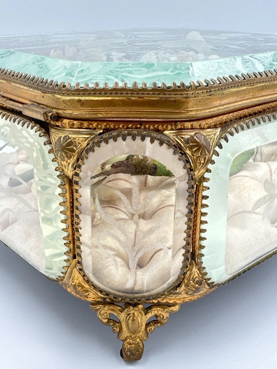 Coffre de mariage Napoléon III verre gravé métal doré couronne de mariée Boite XIXe  coffret -photo-4