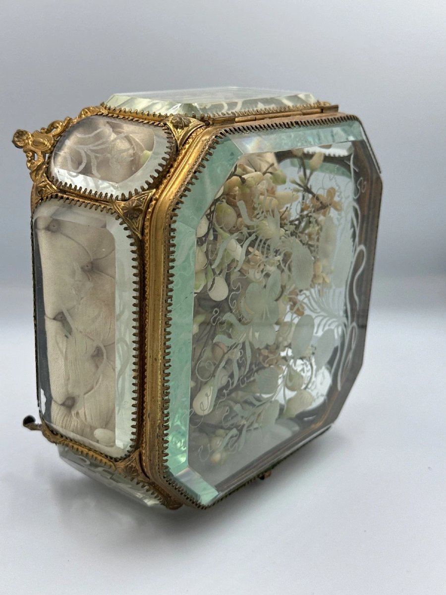 Coffre de mariage Napoléon III verre gravé métal doré couronne de mariée Boite XIXe  coffret -photo-1