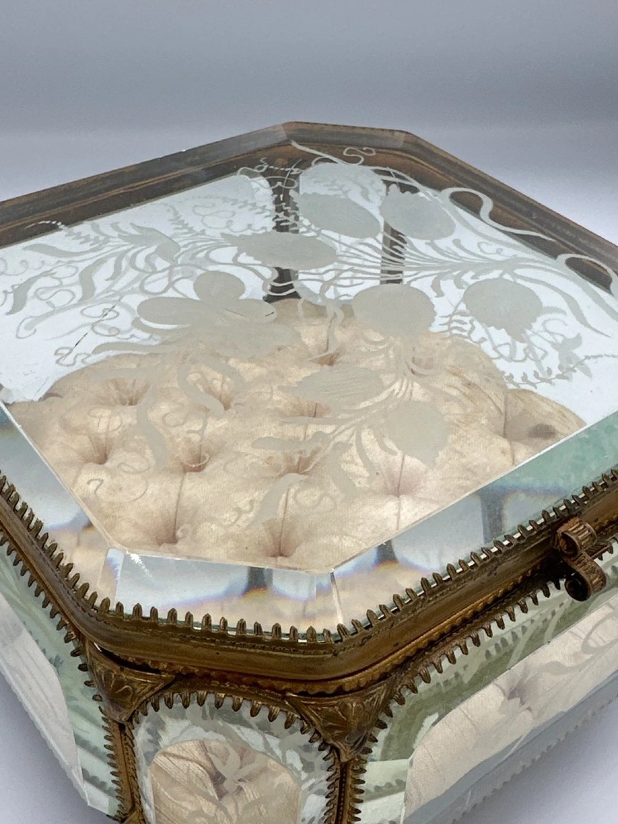 Coffre de mariage Napoléon III verre gravé métal doré couronne de mariée Boite XIXe  coffret -photo-2