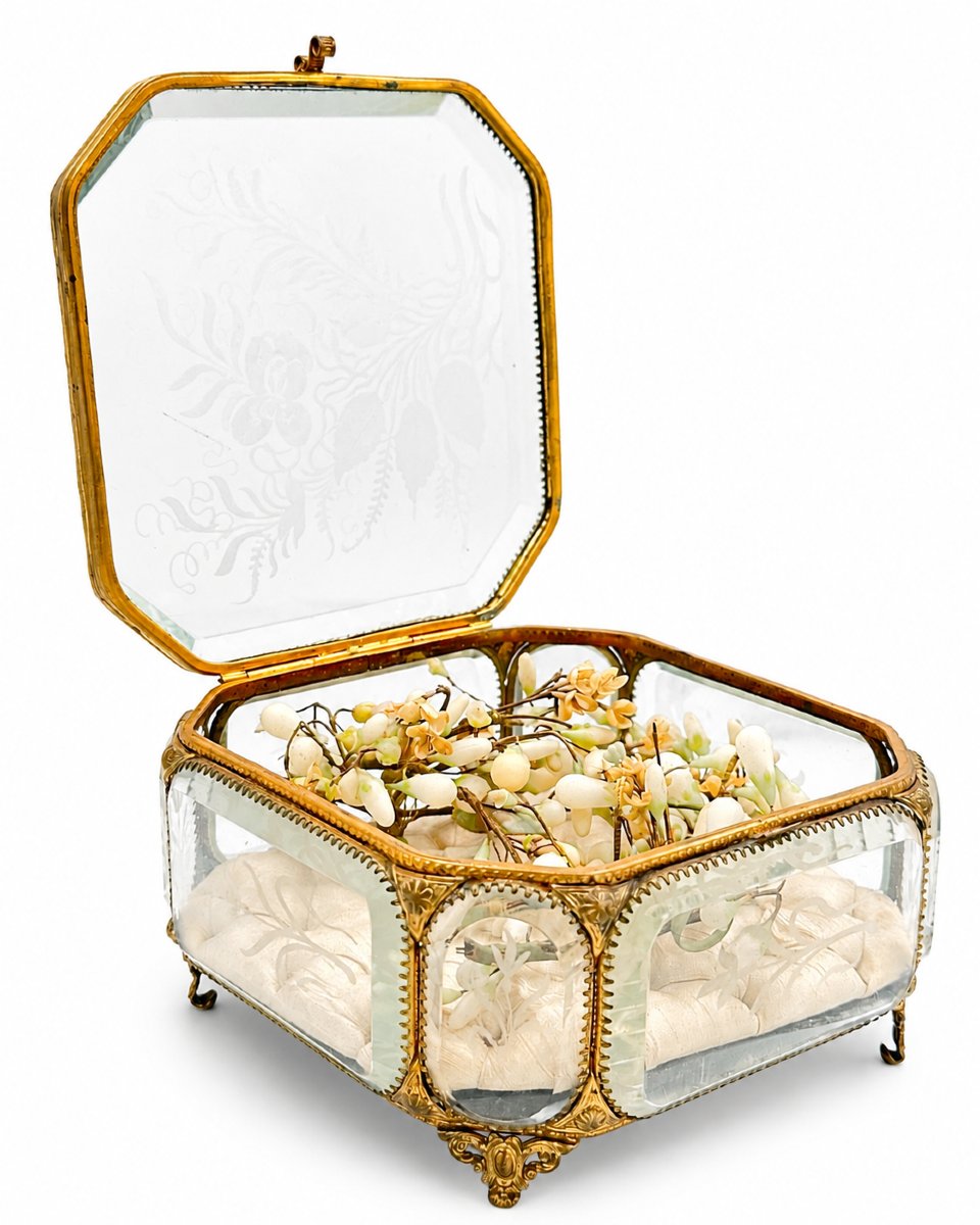 Coffre de mariage Napoléon III verre gravé métal doré couronne de mariée Boite XIXe  coffret 