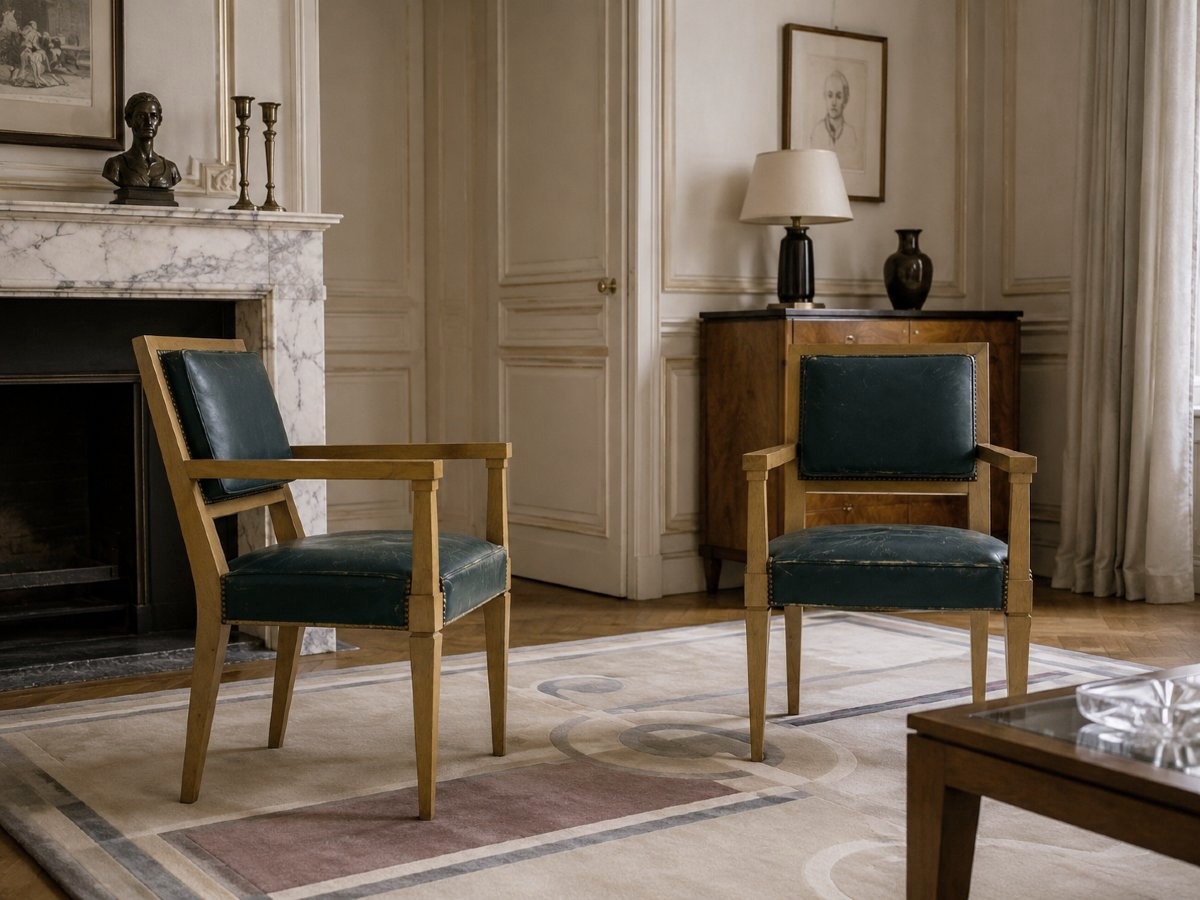 Paire de fauteuils français moderne  cuir 1940-1950, dans le goût d’André Arbus 
