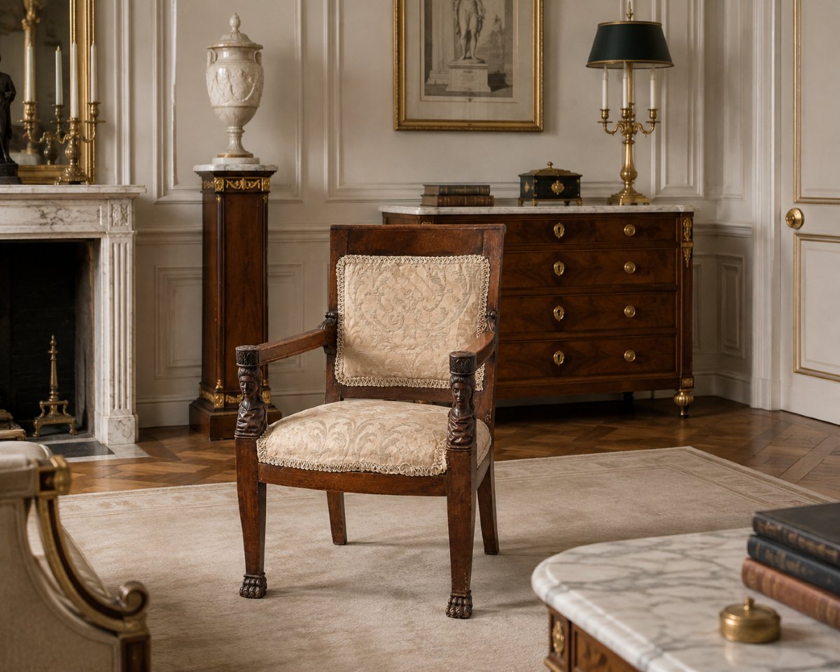 Ancien fauteuil bois sculpté aux cariatides de style Empire Jacob-Desmalter 19e-photo-2
