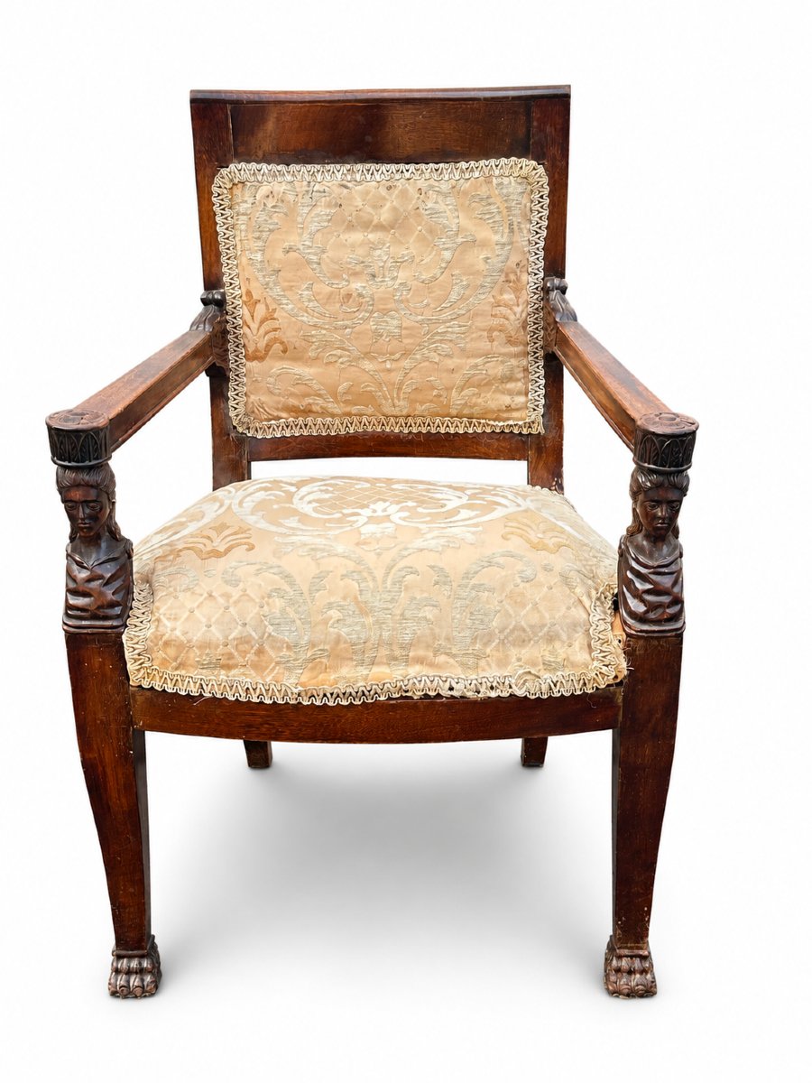 Ancien fauteuil bois sculpté aux cariatides de style Empire Jacob-Desmalter 19e