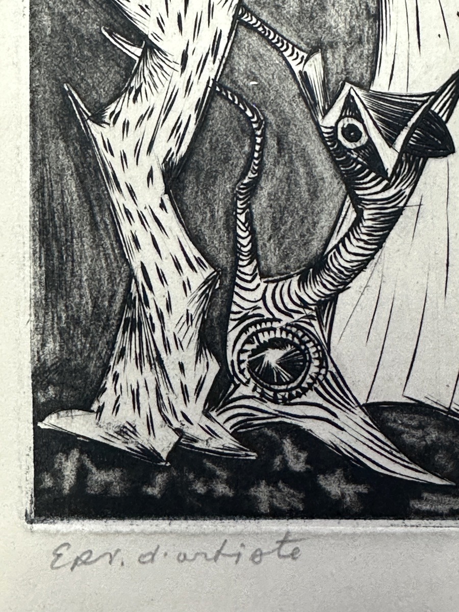 Sam Ringer Composition fantastique gravure figure zoomorphe 1950 EA  école de Paris-photo-4