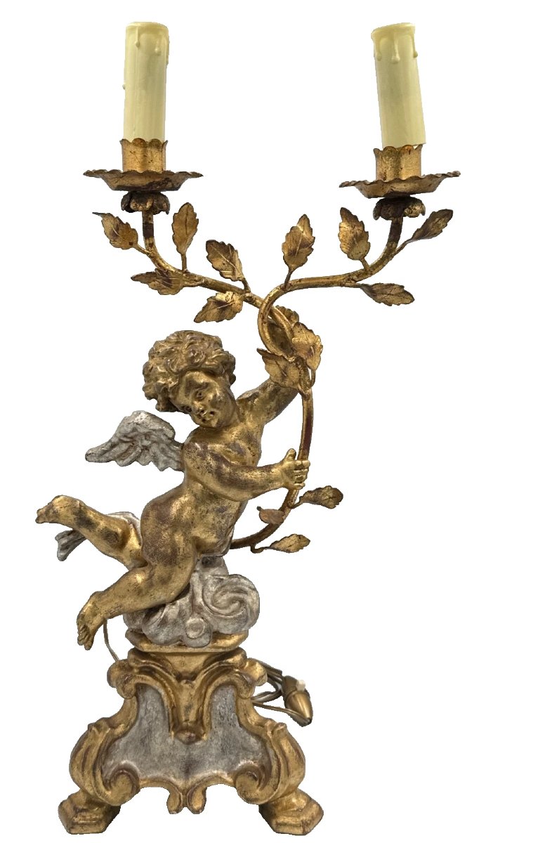 Gilded Wooden Lamp, Baroque Style, Putto Angel, Love, Gilded Wood, Silver-plated, Art Deco, 51 Cm-photo-2