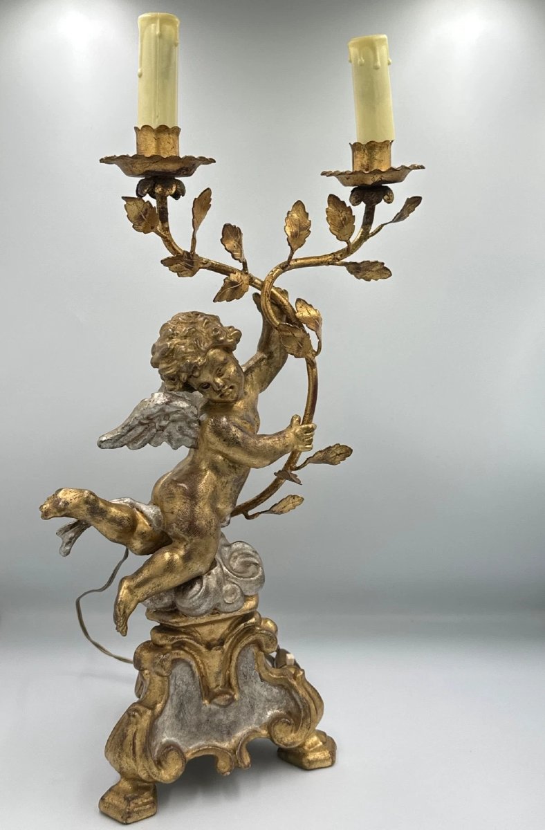 Gilded Wooden Lamp, Baroque Style, Putto Angel, Love, Gilded Wood, Silver-plated, Art Deco, 51 Cm-photo-3