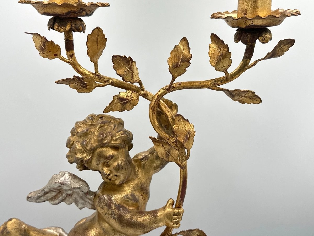 Gilded Wooden Lamp, Baroque Style, Putto Angel, Love, Gilded Wood, Silver-plated, Art Deco, 51 Cm-photo-1