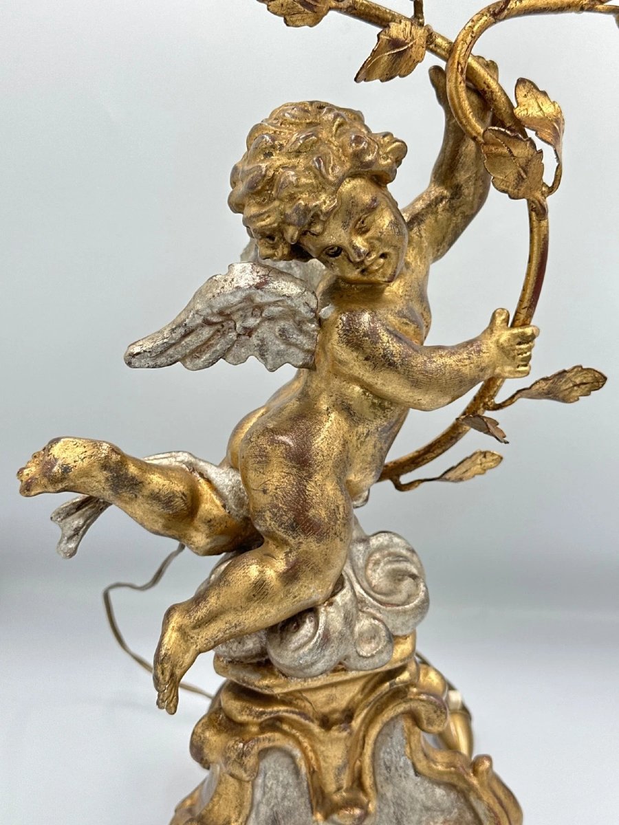 Gilded Wooden Lamp, Baroque Style, Putto Angel, Love, Gilded Wood, Silver-plated, Art Deco, 51 Cm