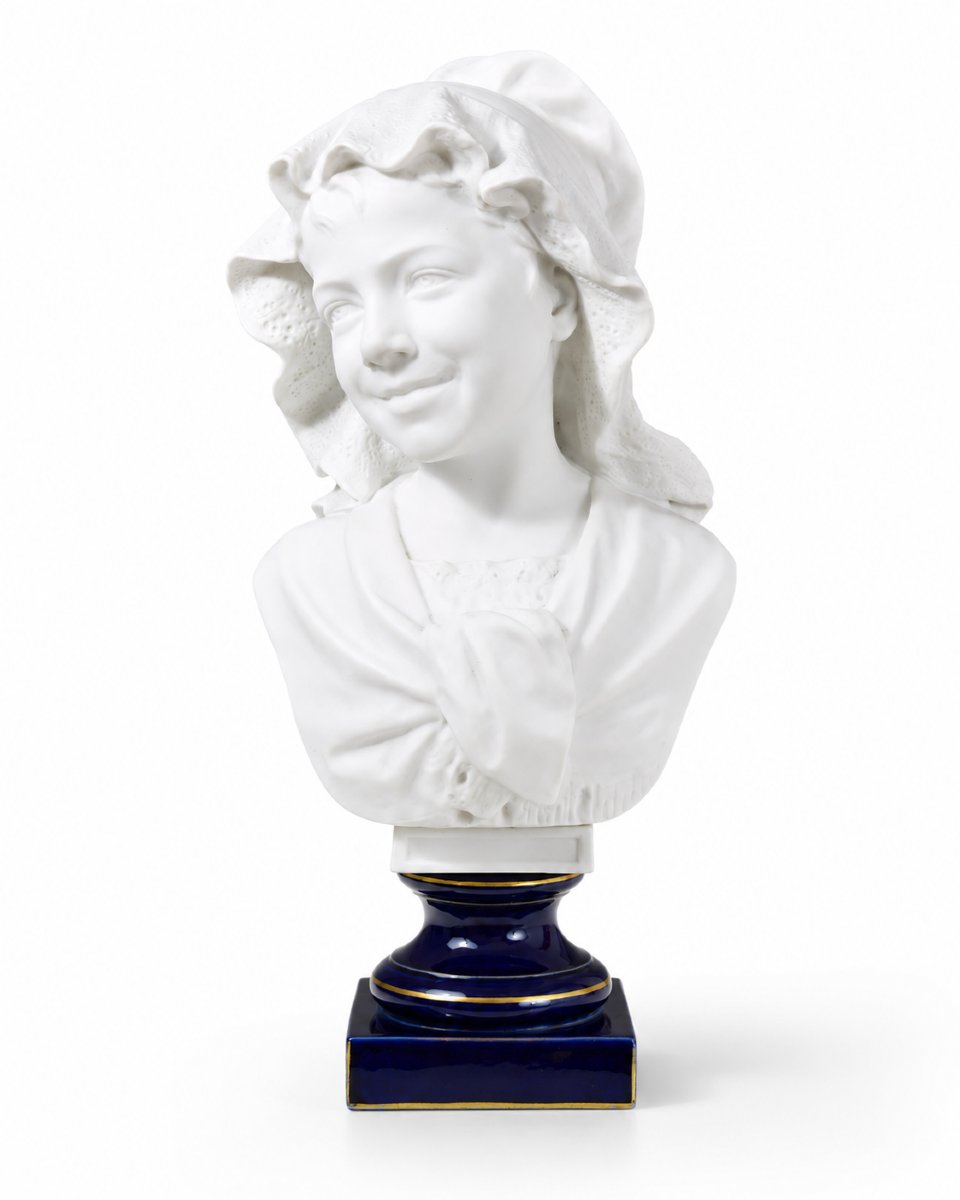 Ernesto Troili  Large Bust Of A Young Girl Wearing A Bonnet – Sèvres Blue Biscuit Porcelain-photo-3