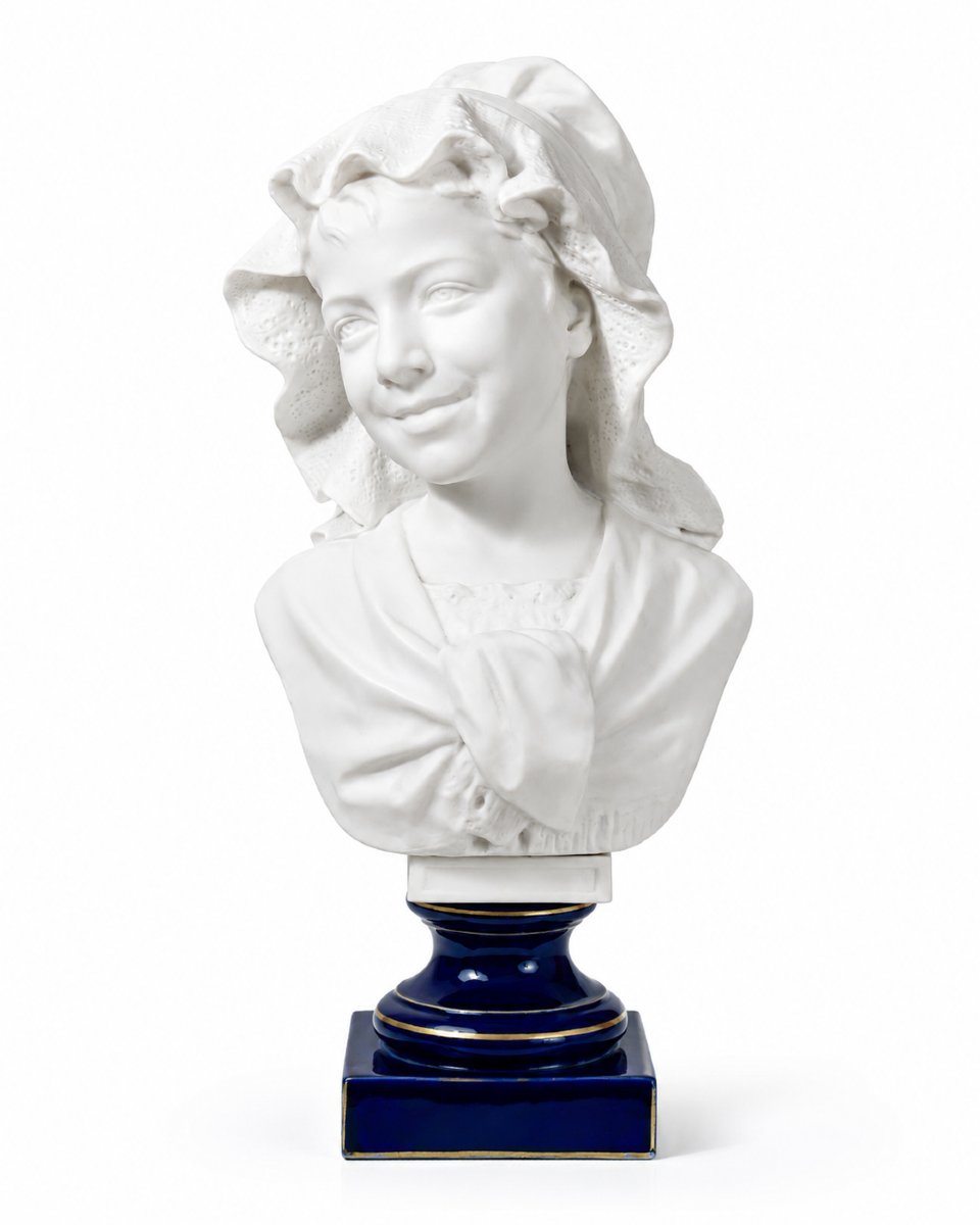Ernesto Troili  Large Bust Of A Young Girl Wearing A Bonnet – Sèvres Blue Biscuit Porcelain-photo-4